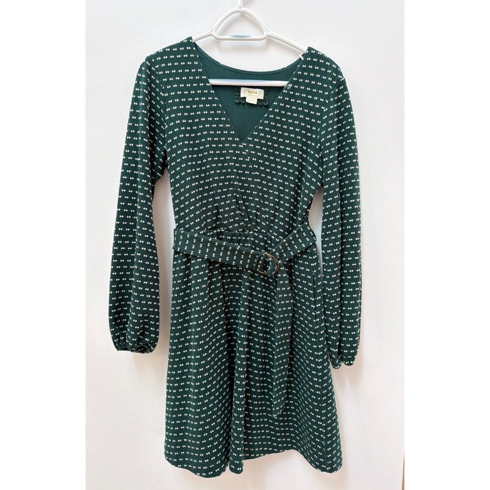 Maeve By Anthropologie Dark Hunter Green Polka Dot Long Sleeve Belted Dress Medi
